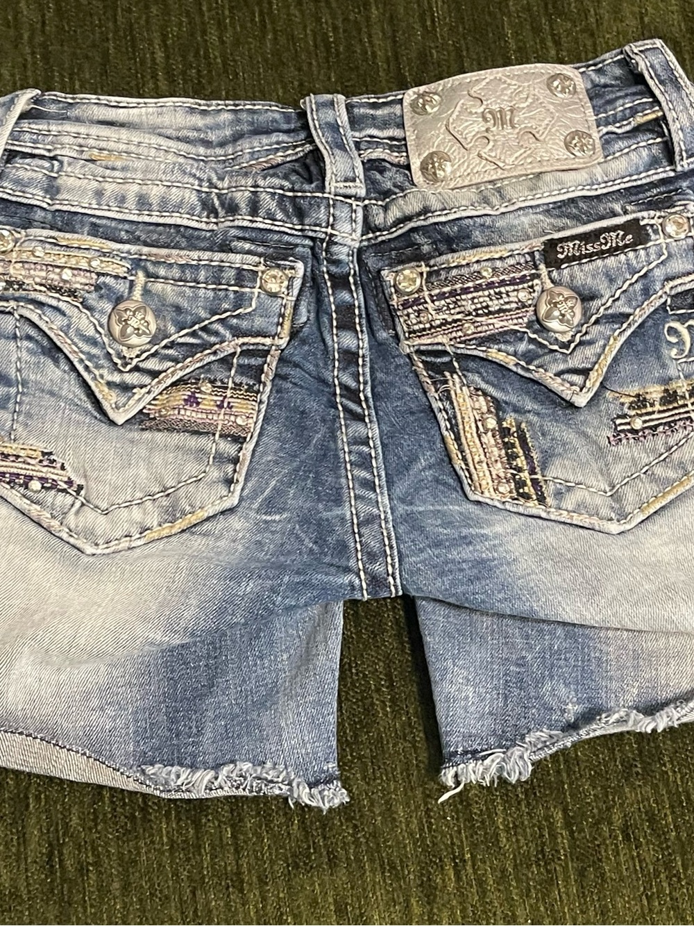 Miss Me Blue Distressed Denim Shorts with Embellished Back Pockets